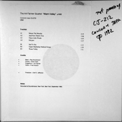 254. THE ART FARMER QUARTET-WARM VALLEY-1982-ТЕСТ ПРЕССИНГ USA-CONCORD JAZZ-NMINT/NMINT